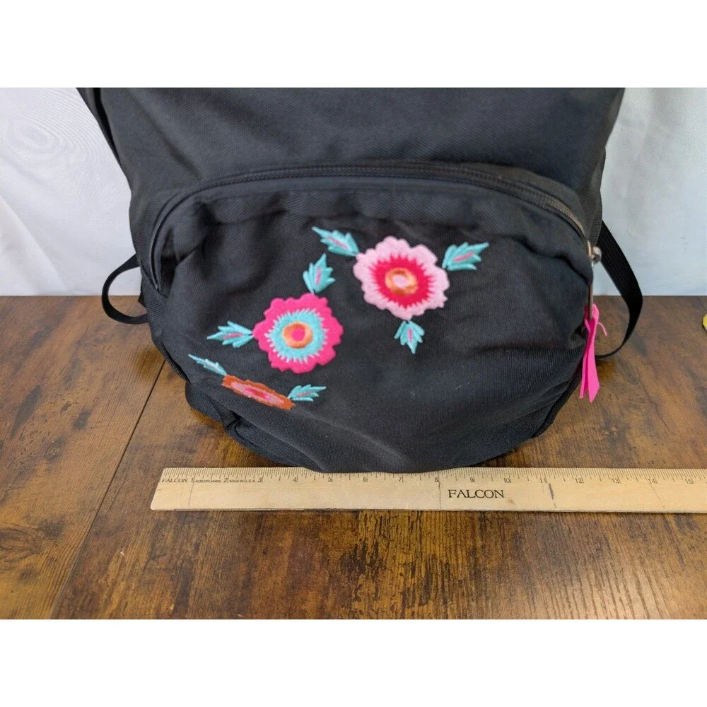 Trans By Jansport Black Pink Backpack Rosa Floral Embroidered Design